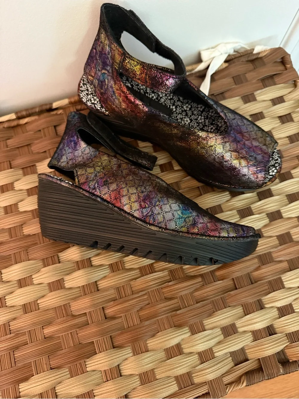 bernie mev. Multicolor Metallic Peep-Toe Platform Slingbacks